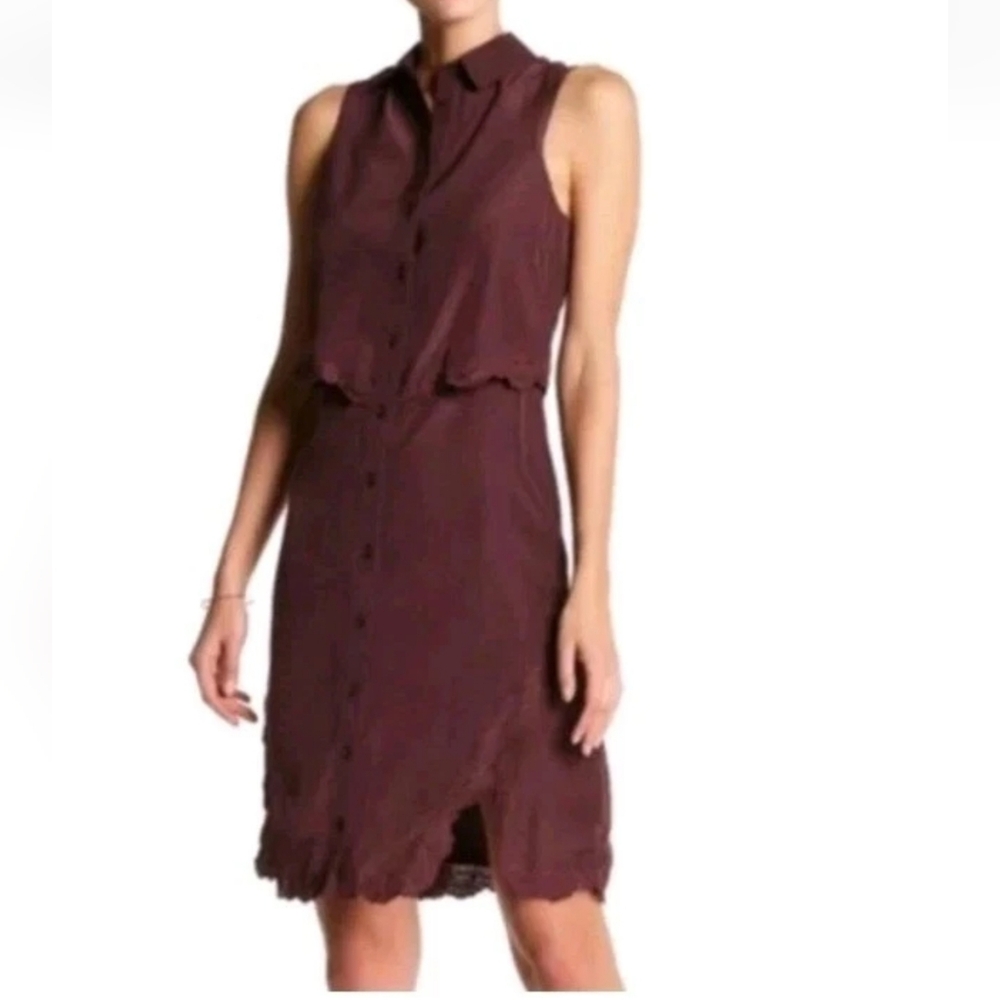 Parker Embroidered Shirt Mini Dress Cordovan Wine Purple Satin Sleeveless Nwt